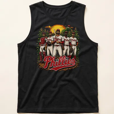 Vintage design featuring Philadelphia Phillies baseball players and retro text. — printed on a tank top