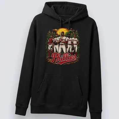 Vintage design featuring Philadelphia Phillies baseball players and retro text. — printed on a unisex hoodie