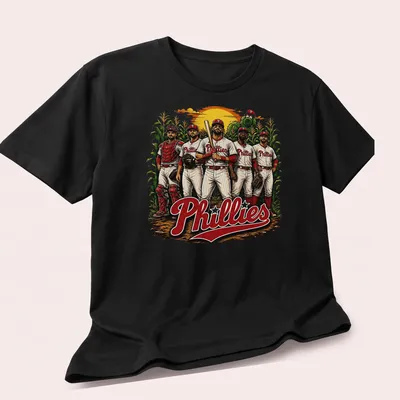 Vintage design featuring Philadelphia Phillies baseball players and retro text. — printed on a unisex t-shirt (angled view)