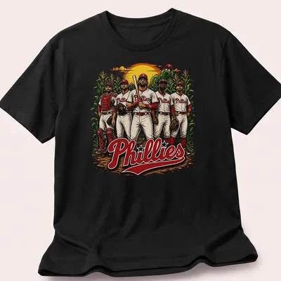 Vintage design featuring Philadelphia Phillies baseball players and retro text.