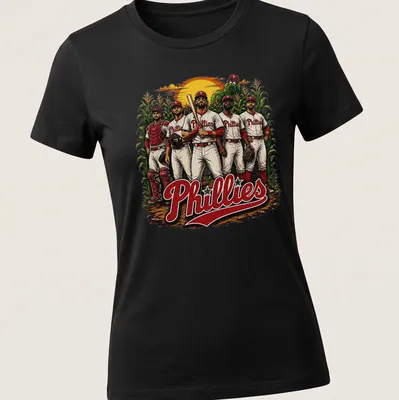 Vintage design featuring Philadelphia Phillies baseball players and retro text. — printed on a women's shirt