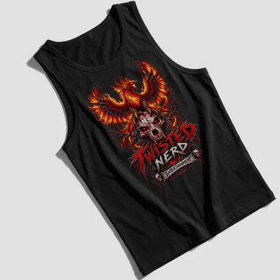 Gothic phoenix and skull design with detailed red, orange, black, and gray colors. — printed on a tank top
