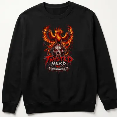 Gothic phoenix and skull design with detailed red, orange, black, and gray colors. — printed on a unisex sweatshirt