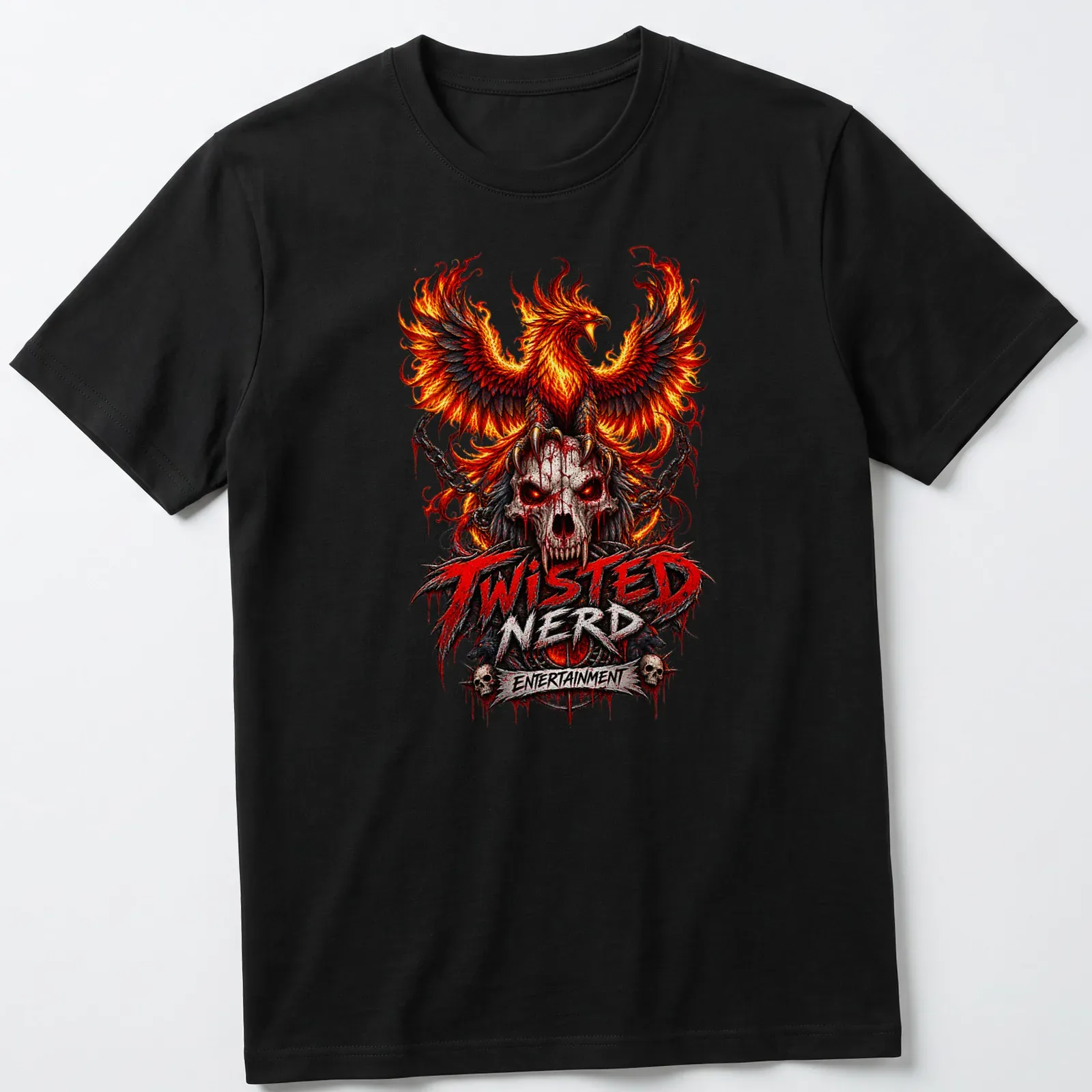 Gothic phoenix and skull design with detailed red, orange, black, and gray colors. — printed on a unisex t-shirt
