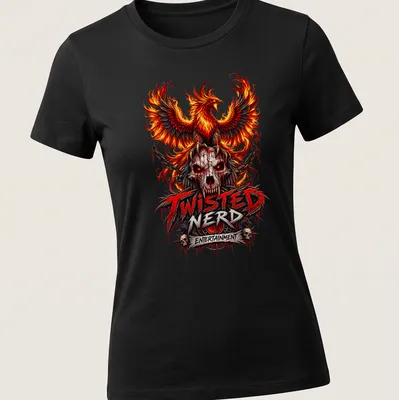 Gothic phoenix and skull design with detailed red, orange, black, and gray colors. — printed on a women's shirt