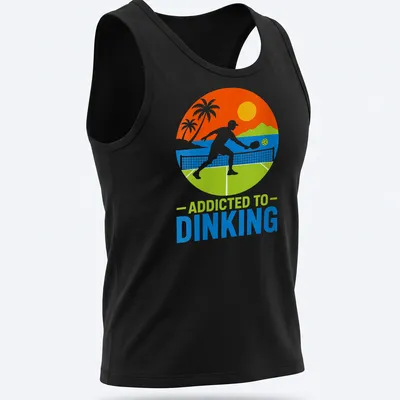 Tropical style tee featuring pickleball themed text in bright colors — printed on a tank top