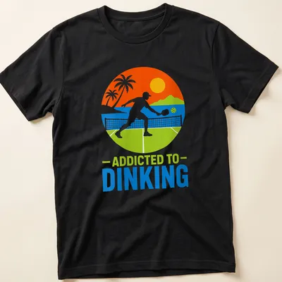 Tropical style tee featuring pickleball themed text in bright colors