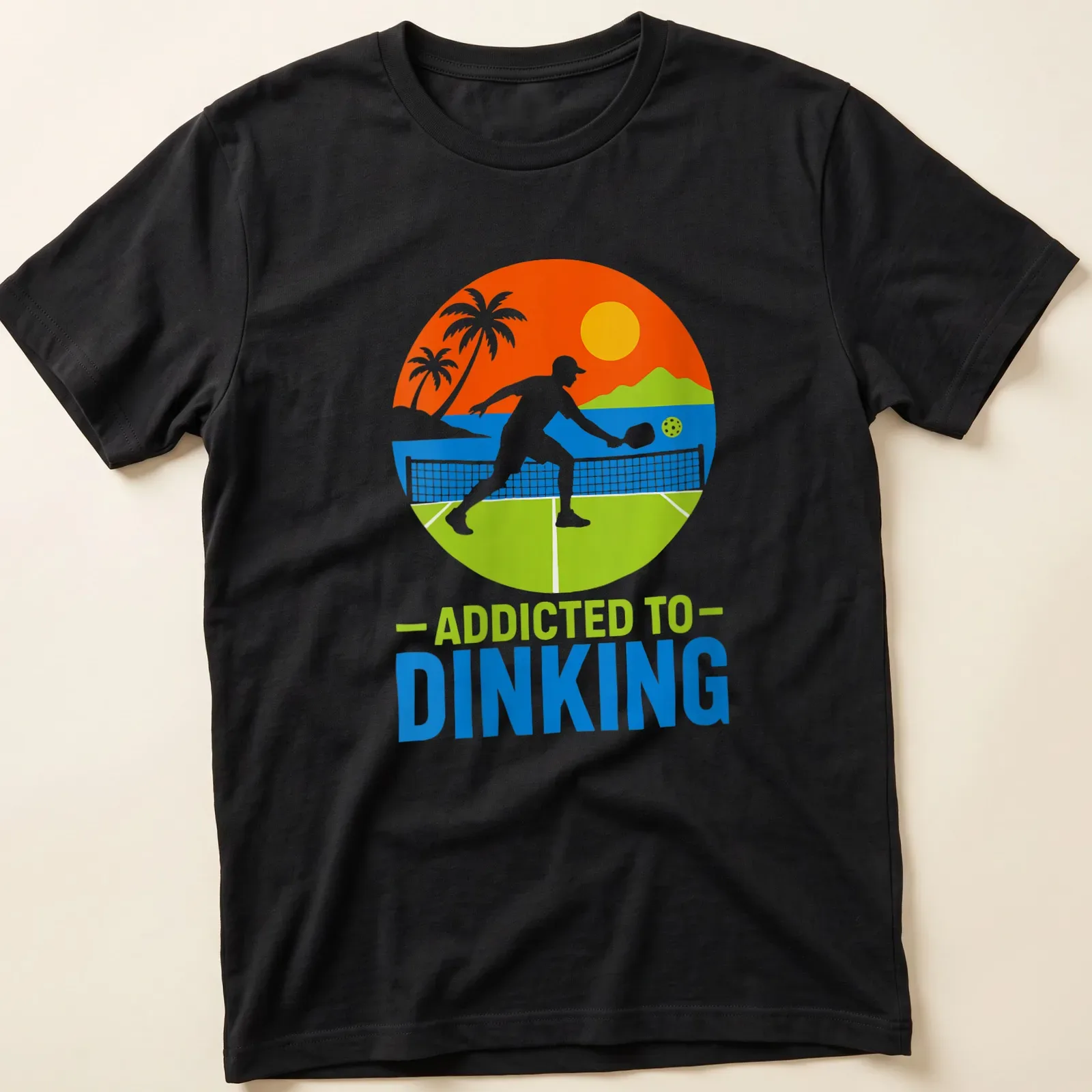 Tropical style tee featuring pickleball themed text in bright colors — printed on a unisex t-shirt