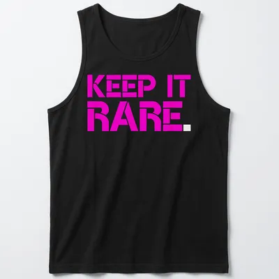 Bold graphic t-shirt featuring the text Keep It Rare in pink — printed on a tank top