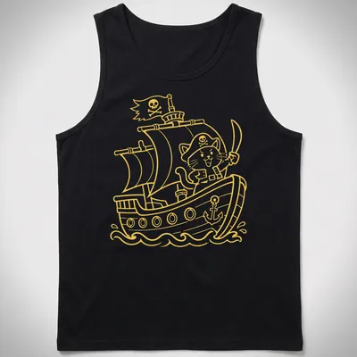 Kawaii line-art of a pirate cat on a ship with playful text below — printed on a tank top