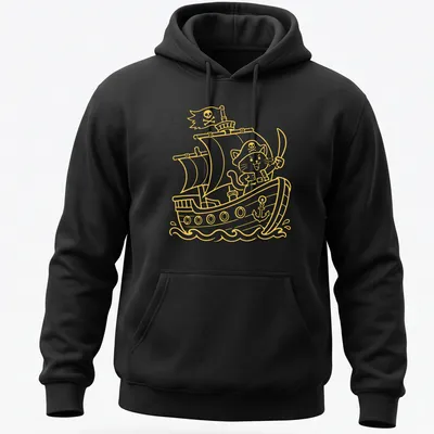 Kawaii line-art of a pirate cat on a ship with playful text below — printed on a unisex hoodie