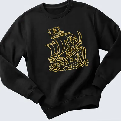 Kawaii line-art of a pirate cat on a ship with playful text below — printed on a unisex sweatshirt