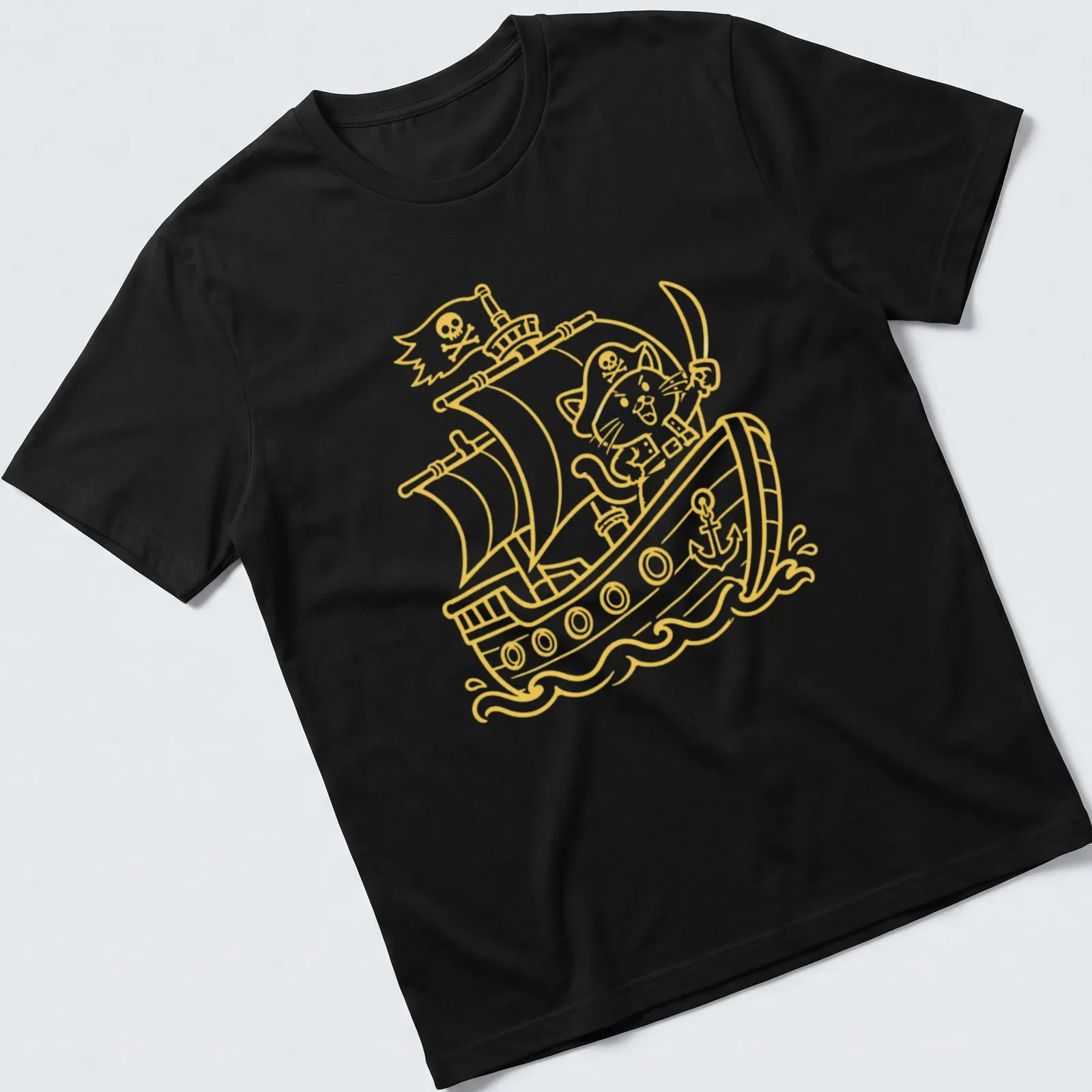 Kawaii line-art of a pirate cat on a ship with playful text below — printed on a unisex t-shirt