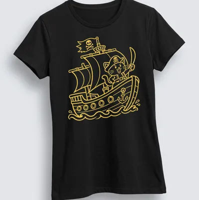 Kawaii line-art of a pirate cat on a ship with playful text below — printed on a women's shirt