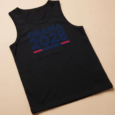 Bold typography shirt featuring 'OBAMA 2028' in navy blue, white, and red. — printed on a tank top