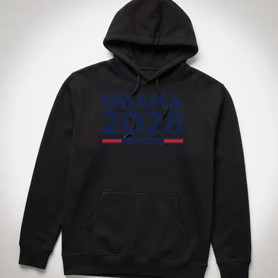 Bold typography shirt featuring 'OBAMA 2028' in navy blue, white, and red. — printed on a unisex hoodie