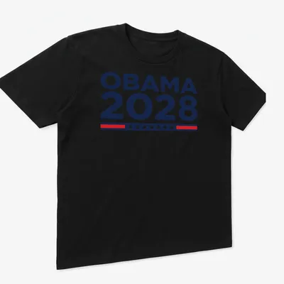 Bold typography shirt featuring 'OBAMA 2028' in navy blue, white, and red. — printed on a unisex t-shirt (angled view)