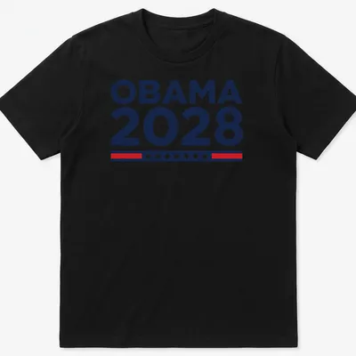 Bold typography shirt featuring 'OBAMA 2028' in navy blue, white, and red.