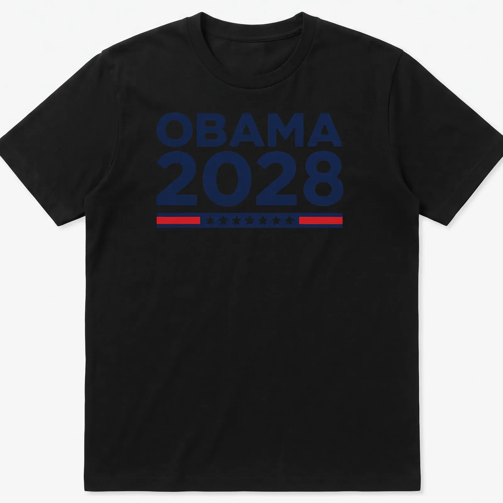 Bold typography shirt featuring 'OBAMA 2028' in navy blue, white, and red. — printed on a unisex t-shirt