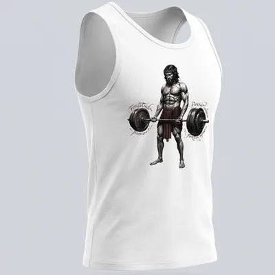 Illustration of a muscular Jesus lifting weights with text surrounding — printed on a tank top