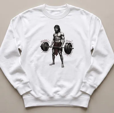 Illustration of a muscular Jesus lifting weights with text surrounding — printed on a unisex sweatshirt