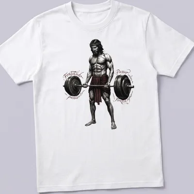 Illustration of a muscular Jesus lifting weights with text surrounding