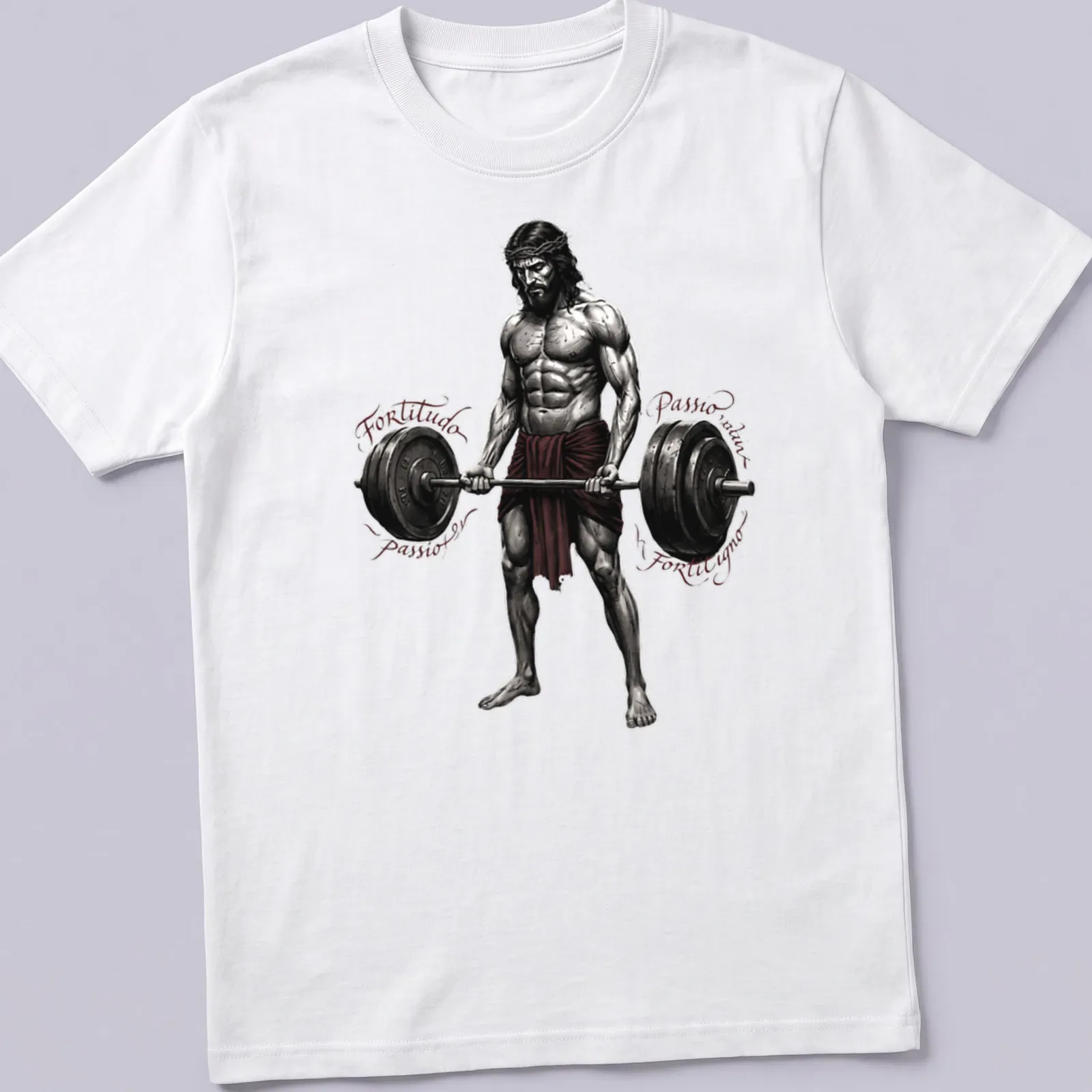 Illustration of a muscular Jesus lifting weights with text surrounding — printed on a unisex t-shirt