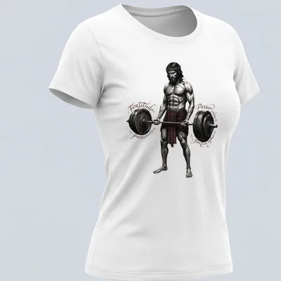 Illustration of a muscular Jesus lifting weights with text surrounding — printed on a women's shirt