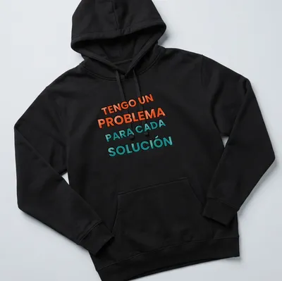 Bold typography T-shirt with humorous slogan about problem-solving in orange and teal — printed on a unisex hoodie