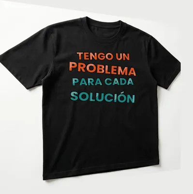 Bold typography T-shirt with humorous slogan about problem-solving in orange and teal — printed on a unisex t-shirt (angled view)