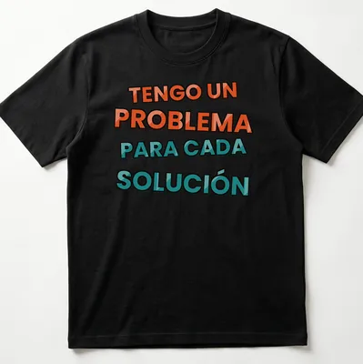 Bold typography T-shirt with humorous slogan about problem-solving in orange and teal