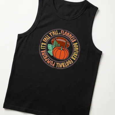 Vintage-style shirt featuring pumpkins and football with fall-themed text. — printed on a tank top