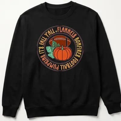 Vintage-style shirt featuring pumpkins and football with fall-themed text. — printed on a unisex sweatshirt
