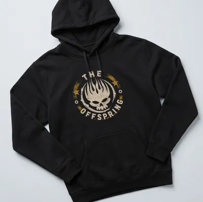 Grunge distressed The Offspring T-Shirt featuring a skull and text. — printed on a unisex hoodie