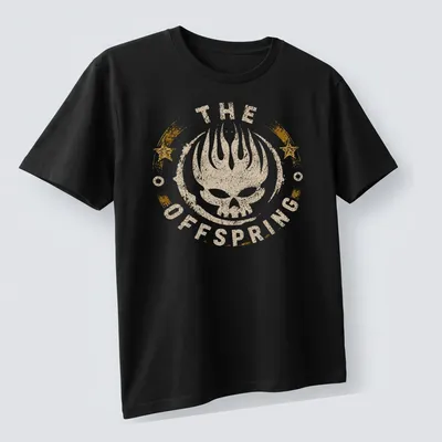 Grunge distressed The Offspring T-Shirt featuring a skull and text. — printed on a unisex t-shirt (angled view)