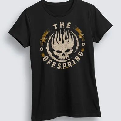 Grunge distressed The Offspring T-Shirt featuring a skull and text. — printed on a women's shirt
