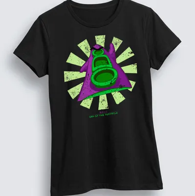 Retro distressed shirt featuring a purple tentacle with Day of the Tentacle text — printed on a women's shirt