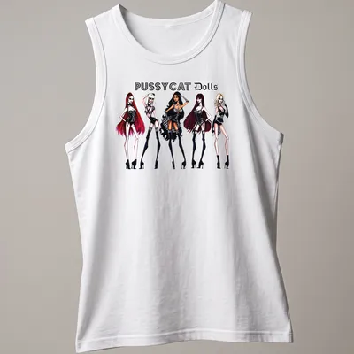 Stylized illustration of Pussycat Dolls in bold lettering with red, white, and black colors — printed on a tank top