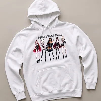 Stylized illustration of Pussycat Dolls in bold lettering with red, white, and black colors — printed on a unisex hoodie
