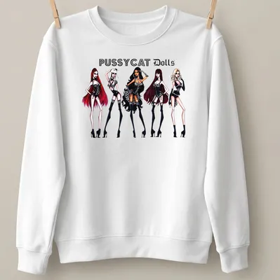 Stylized illustration of Pussycat Dolls in bold lettering with red, white, and black colors — printed on a unisex sweatshirt