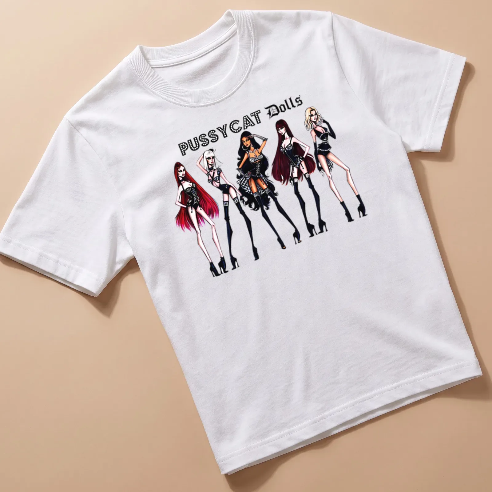 Stylized illustration of Pussycat Dolls in bold lettering with red, white, and black colors — printed on a unisex t-shirt