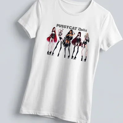 Stylized illustration of Pussycat Dolls in bold lettering with red, white, and black colors — printed on a women's shirt