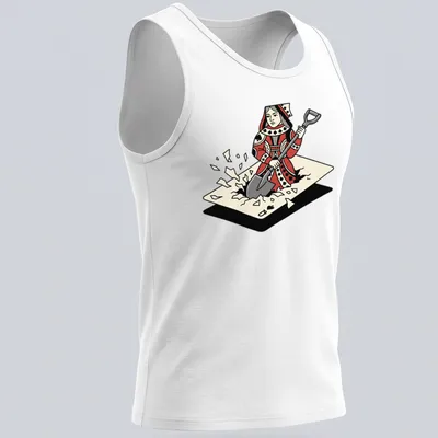 Cartoon print of a Queen of Spades digging through playing cards in red, black, and cream. — printed on a tank top