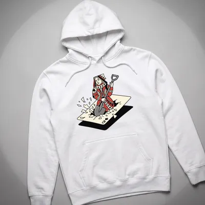 Cartoon print of a Queen of Spades digging through playing cards in red, black, and cream. — printed on a unisex hoodie