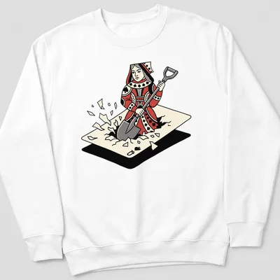 Cartoon print of a Queen of Spades digging through playing cards in red, black, and cream. — printed on a unisex sweatshirt