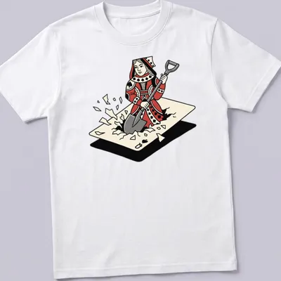 Cartoon print of a Queen of Spades digging through playing cards in red, black, and cream.