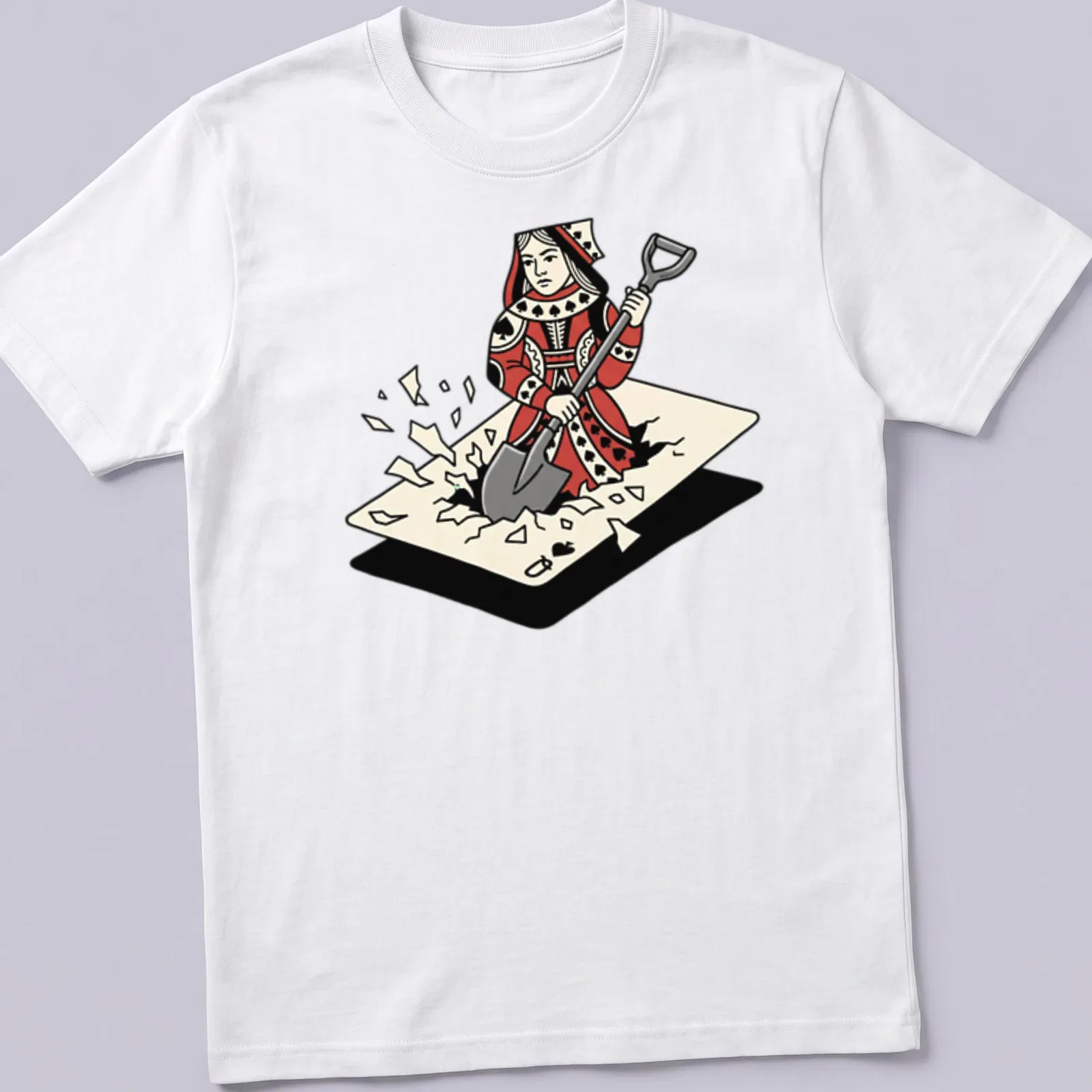 Cartoon print of a Queen of Spades digging through playing cards in red, black, and cream. — printed on a unisex t-shirt
