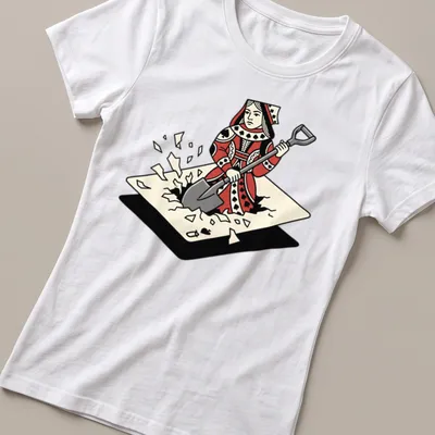 Cartoon print of a Queen of Spades digging through playing cards in red, black, and cream. — printed on a women's shirt