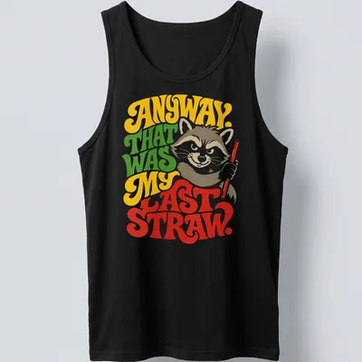 Colorful illustration of a raccoon with humorous text about frustration — printed on a tank top