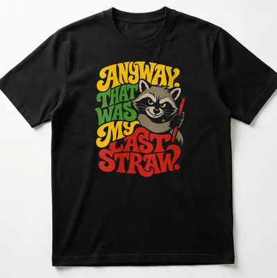 Colorful illustration of a raccoon with humorous text about frustration